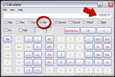 Windows XP Kalkulator - izbor brojevnog sistema za prikaz